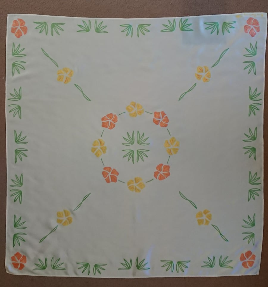 Handmade handpainted scarf, white silk scarf, yellow flower, orange flower