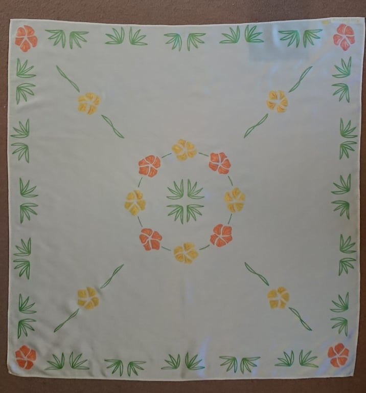 Handmade handpainted scarf, white silk scarf, yellow flower, orange flower