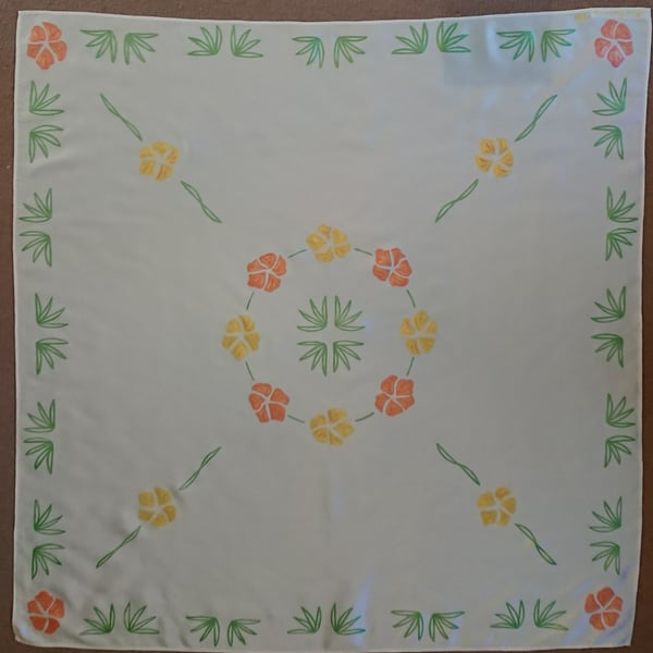Handmade handpainted scarf, white silk scarf, yellow flower, orange flower