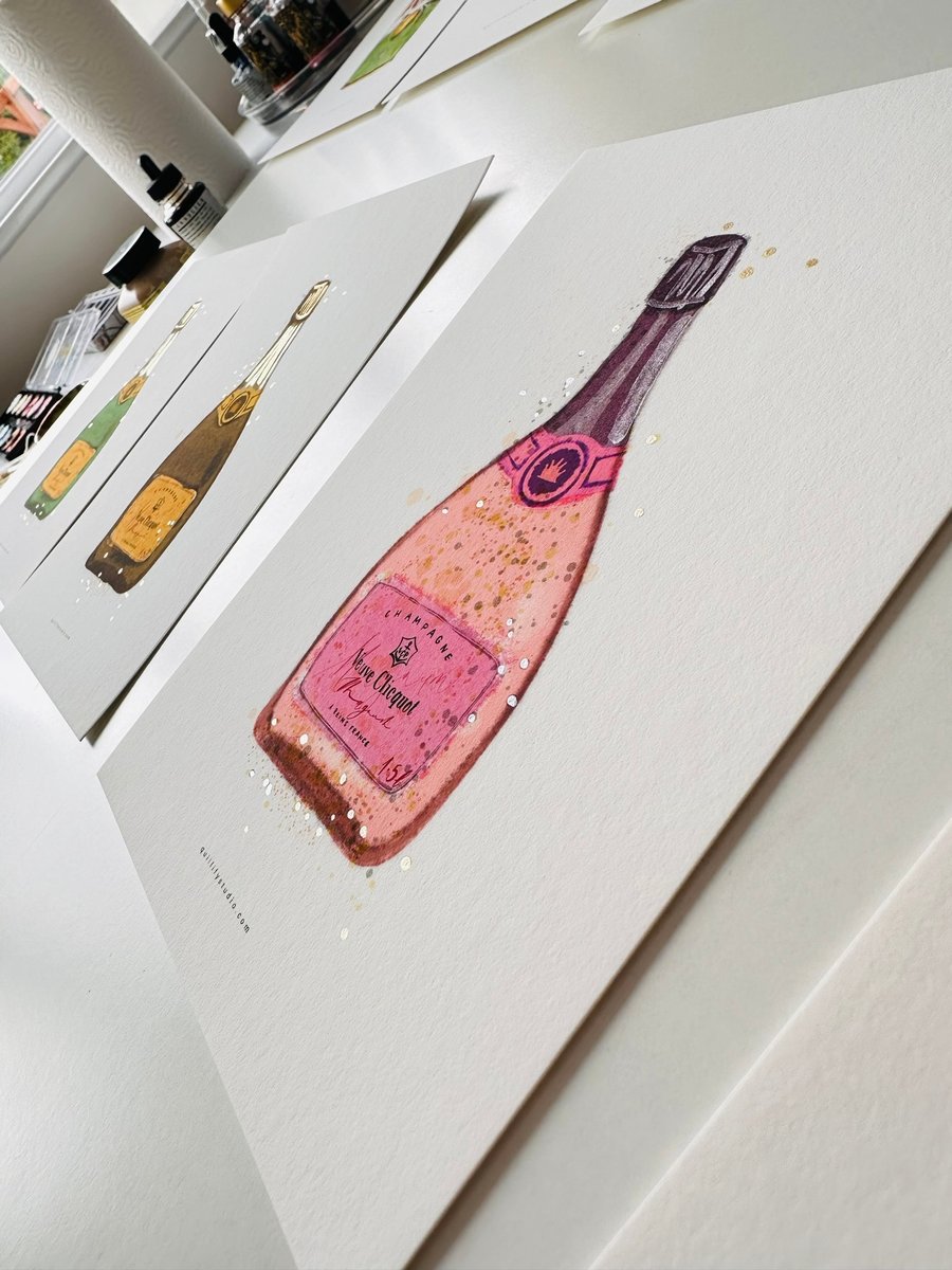 Hand Finished Watercolour Art Print - Veuve Champagne Rose