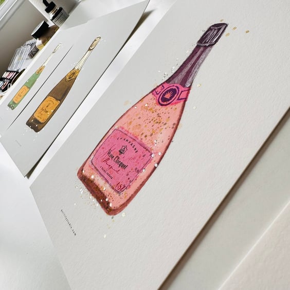 Hand Finished Watercolour Art Print - Veuve Champagne Rose
