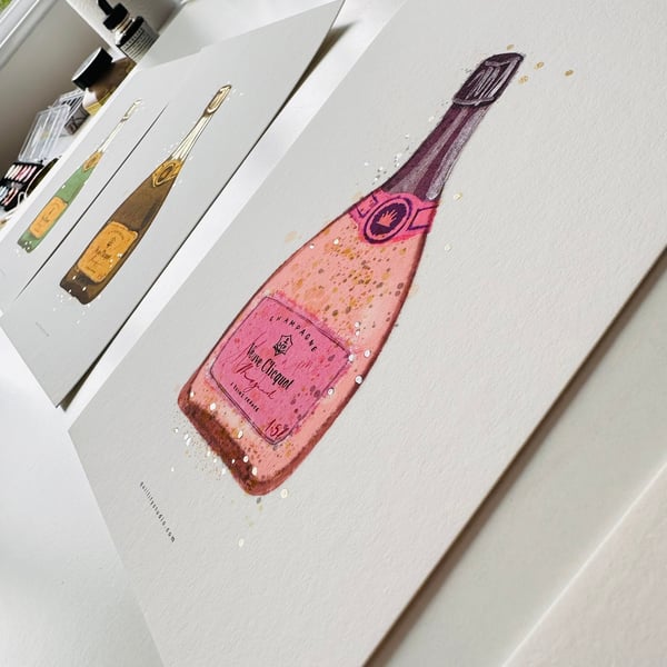 Hand Finished Watercolour A5 Art Print - Veuve Champagne Rose