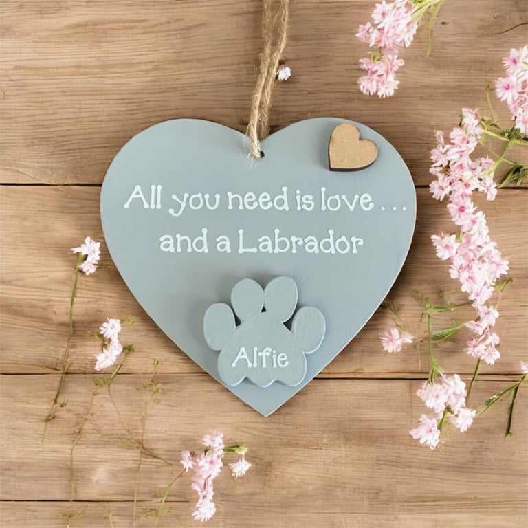 Labrador Gift With Personalised Paw Grey Wooden Hanging Heart Sign