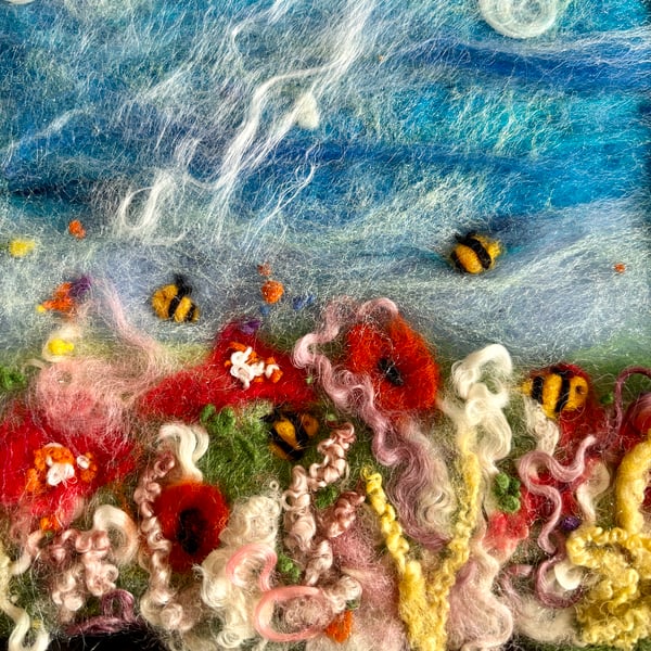 'A Soft Summers Breeze' Needle felted picture with bees and poppies