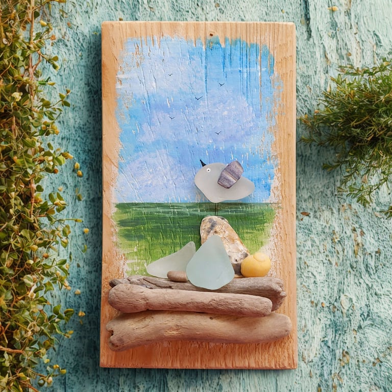Handmade Sea Glass Seagull Wall Art, Coastal Décor, One-off Seaside Keepsake