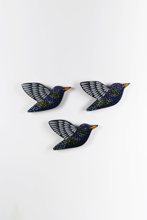 Starling wall art, set of 3 birds, garden bird wall hanging, bird lover gift.