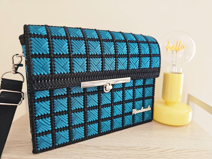 Blue Lagoon - Geometric pattern Mesh bag with Crossbody strap.