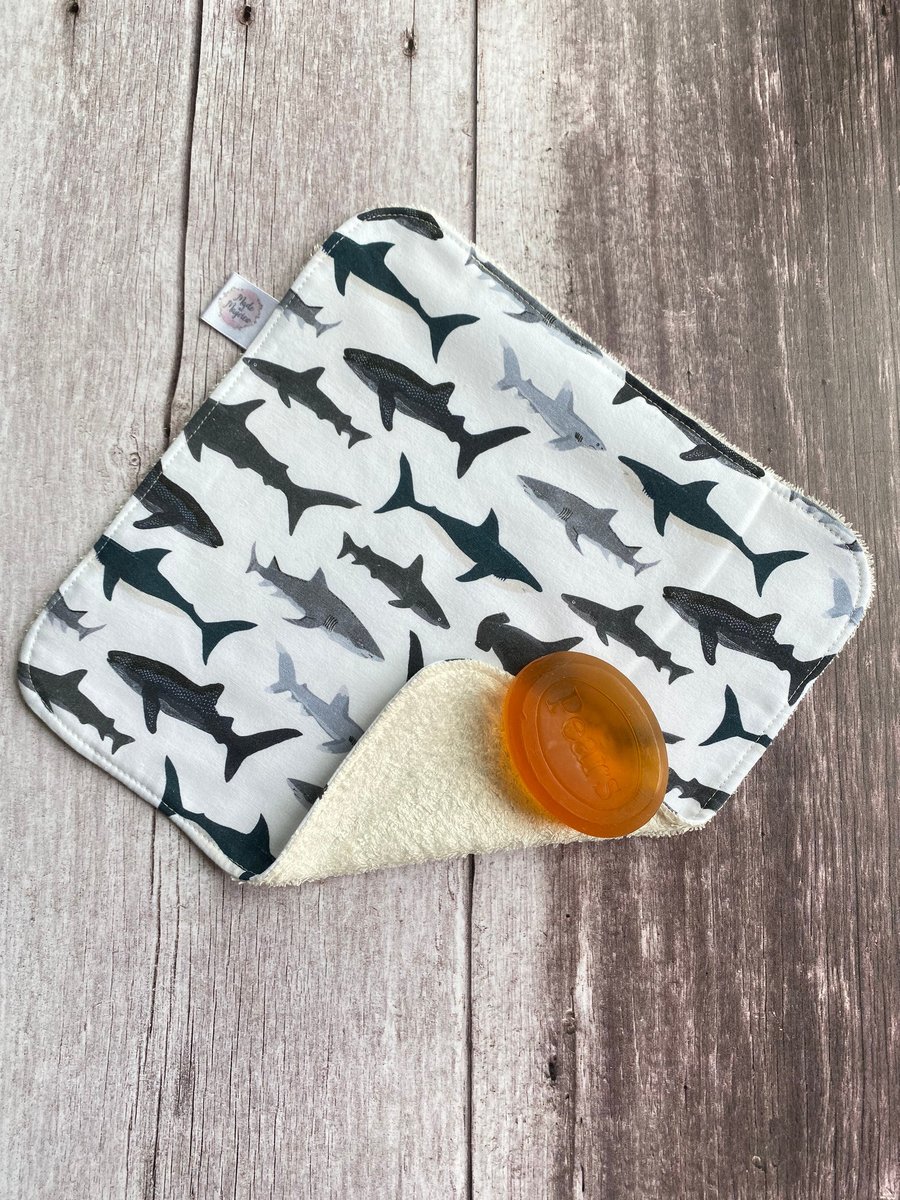 Organic Bamboo Cotton Wash Face Cloth Flannel White Grey Sharks