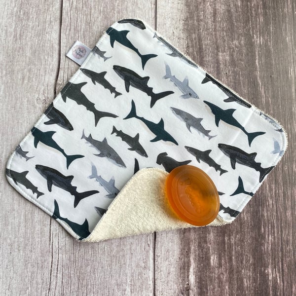 Organic Bamboo Cotton Wash Face Cloth Flannel White Grey Sharks