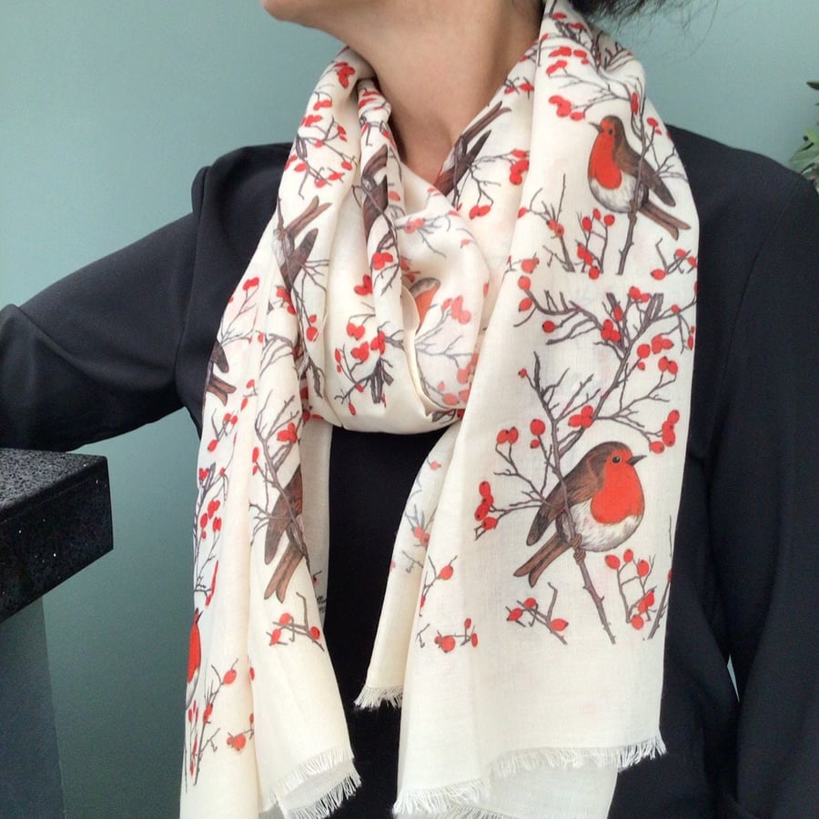 Christmas Robin print scarf in gift box - personalised hand printed scarf 