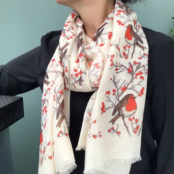 Christmas Robin print scarf in gift box - personalised hand printed scarf 
