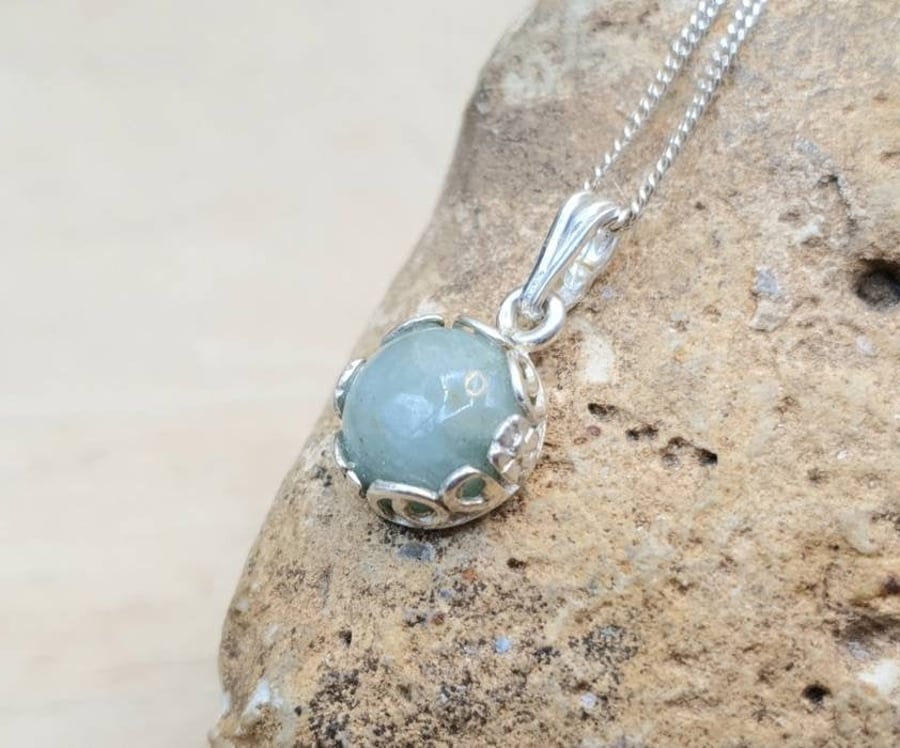 Tiny silver Aquamarine Pendant Necklace. March birthstone.