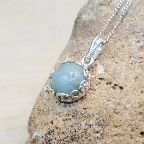 Tiny silver Aquamarine Pendant Necklace. March birthstone.