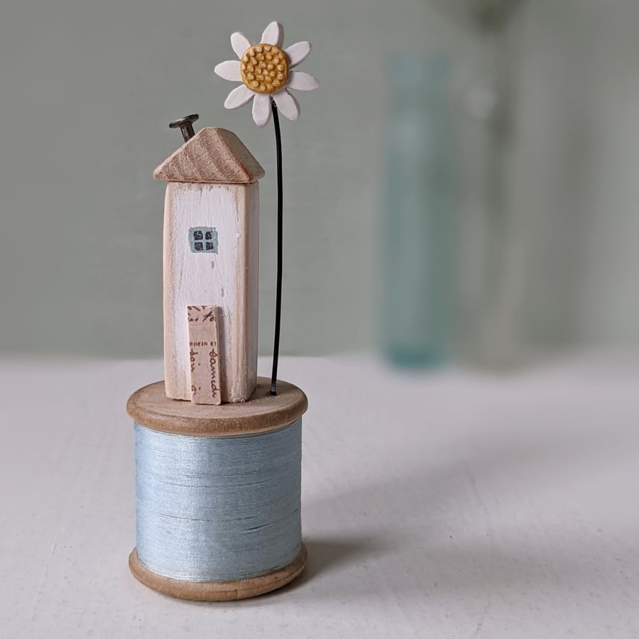 Wooden House on a Vintage Bobbin with Clay Daisy 