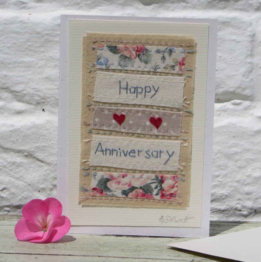 Hand-stitched anniversary card, recycled fabrics, delicate and detailed