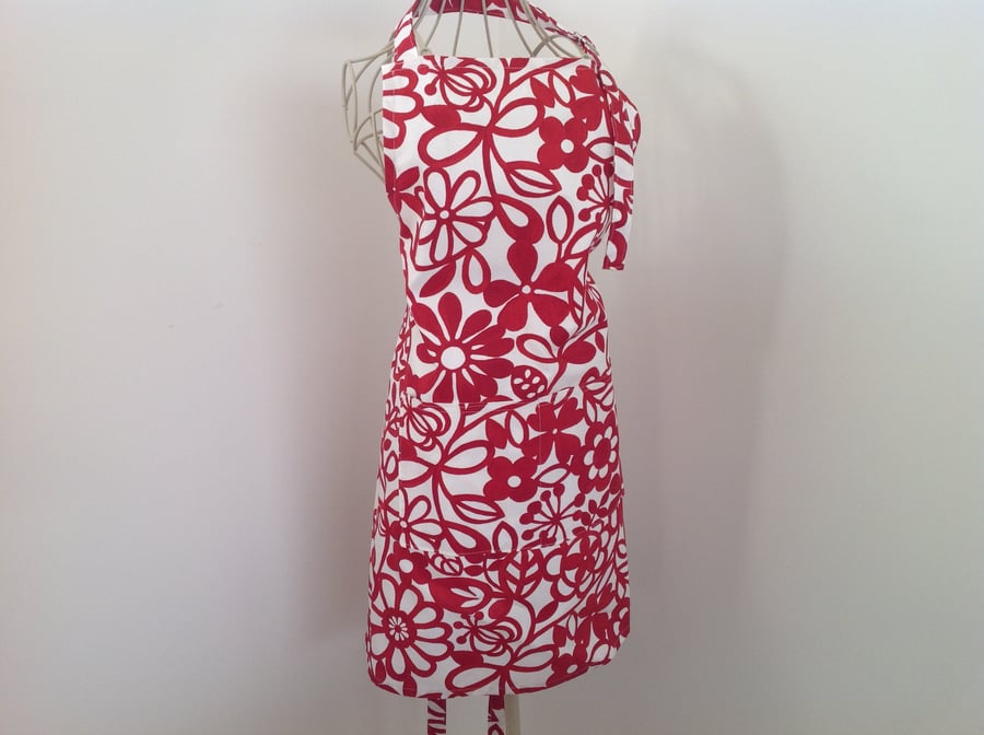 Vibrant Red Floral Full Apron with centre pocket and adjustable neck strap