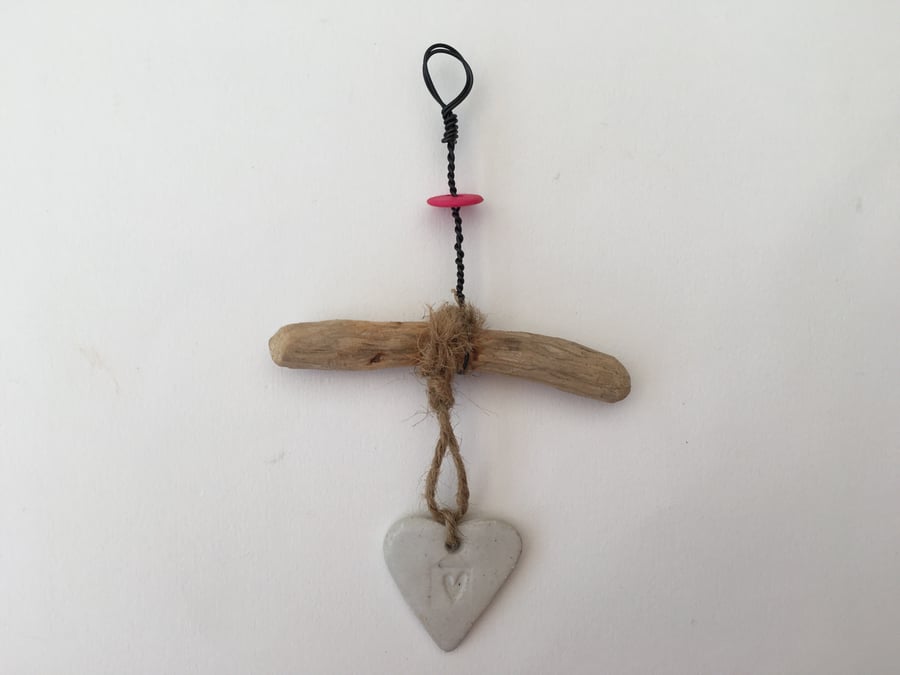 Handmade Driftwood, Loveheart hanger, pottery, gift idea, birthday, home decor
