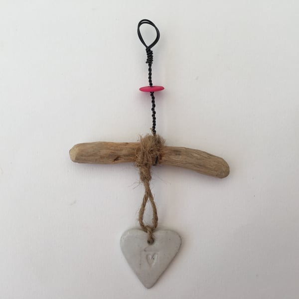 Handmade Driftwood, Loveheart hanger, pottery, gift idea, birthday, home decor