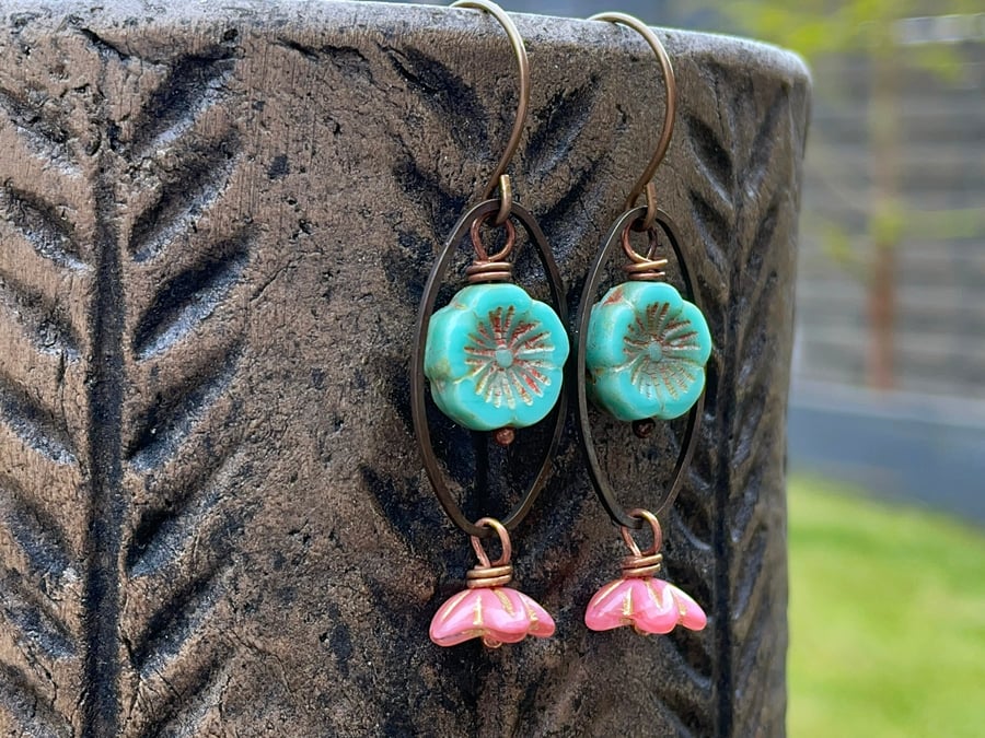 Turquoise & Pink Czech Glass Flower Earrings. Brass Earrings. Bohemian Earrings