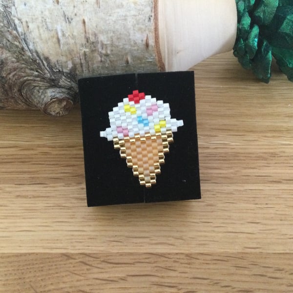 Beaded Ice Cream Cone Brooch