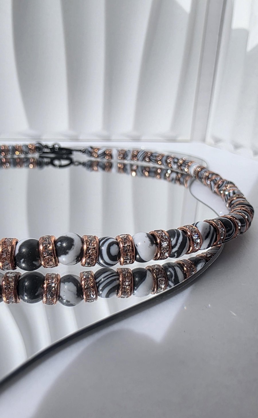 Image of Black White Rose Gold Necklace Calsilica Beaded Necklace Statement Jewellery Han