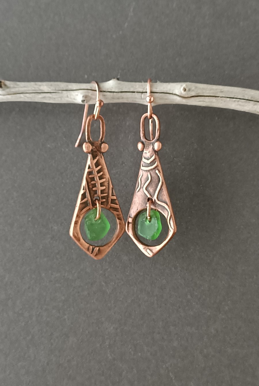 Copper and seaglass earrings - colour options, unique, recycled materials