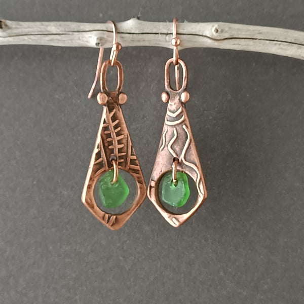 Copper and sea glass dangly earrings - colour options