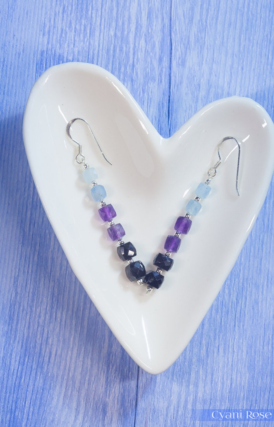 Drop earrings in Aquamarine, Amethyst, Black Spinel and Sterling Silver