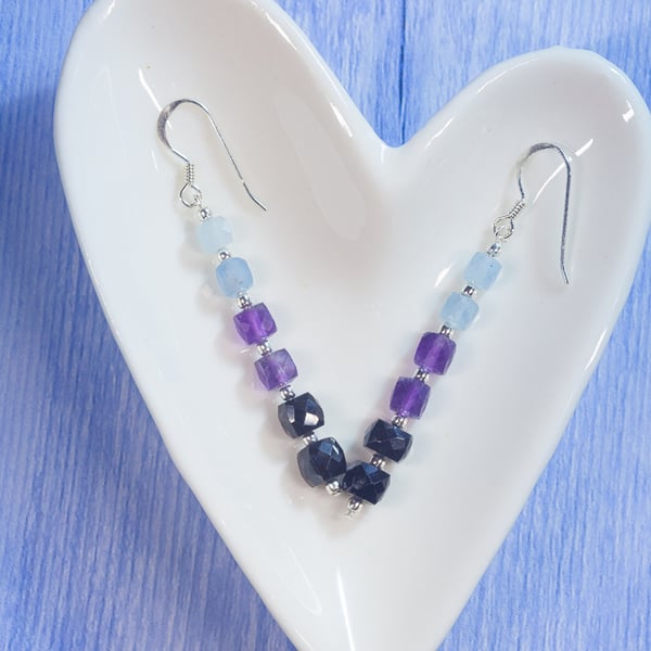 Drop earrings in Aquamarine, Amethyst, Black Spinel and Sterling Silver