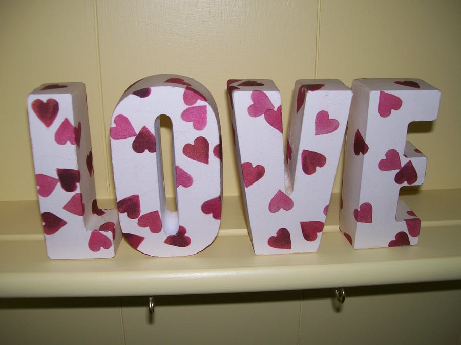 SHABBY CHIC LOVE LETTERS MADE USING EMMA BRIDGEWATER HEARTS DESIGN SHELF DISPLAY