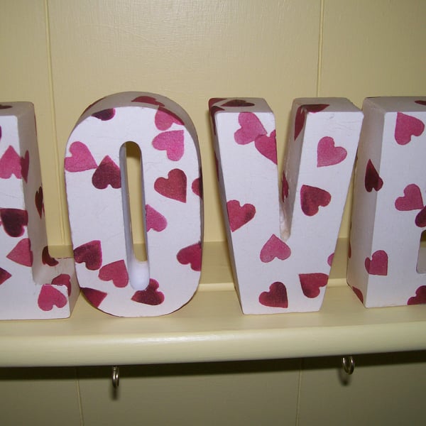 SHABBY CHIC LOVE LETTERS MADE USING EMMA BRIDGEWATER HEARTS DESIGN SHELF DISPLAY