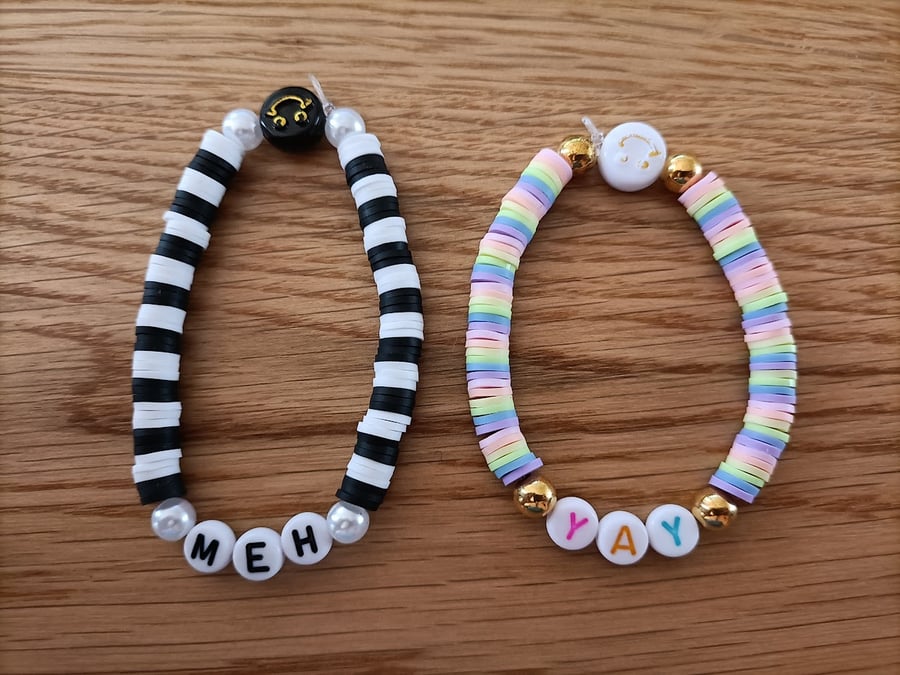 Meh & Yay - 2 x Handcrafted Polymer Clay Elasticated Bracelets