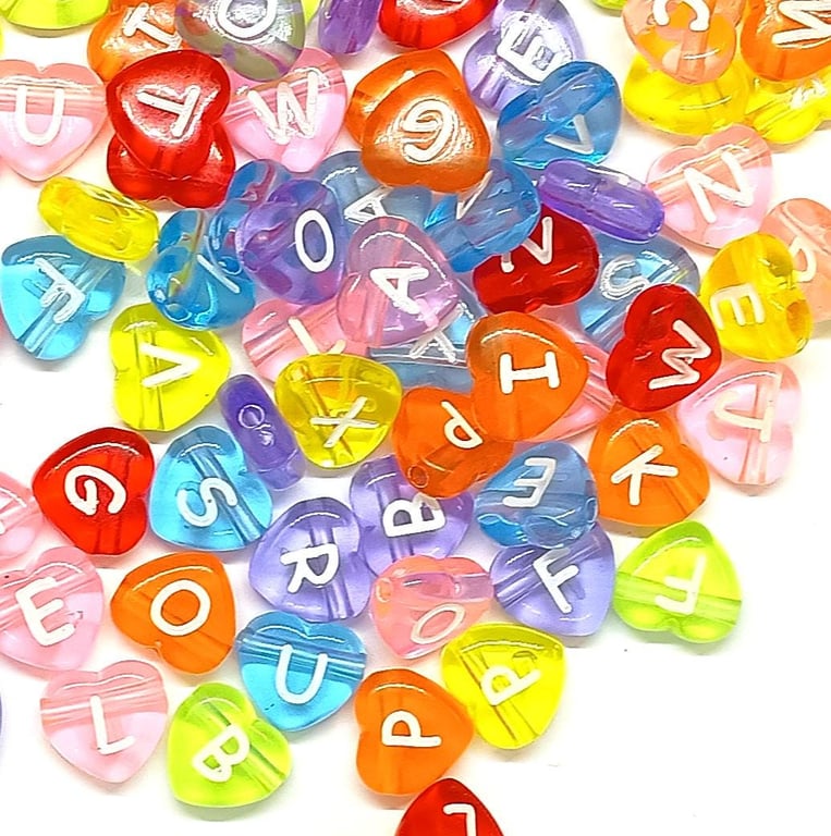 100pcs 14mm Translucent Heart Acrylic Alphabet beads Multicoloured, Mixed Letter
