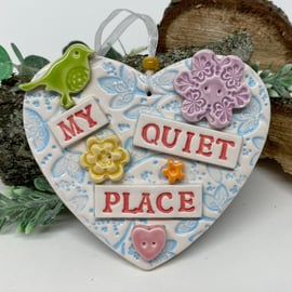 Ceramic heart decoration my quiet place blue