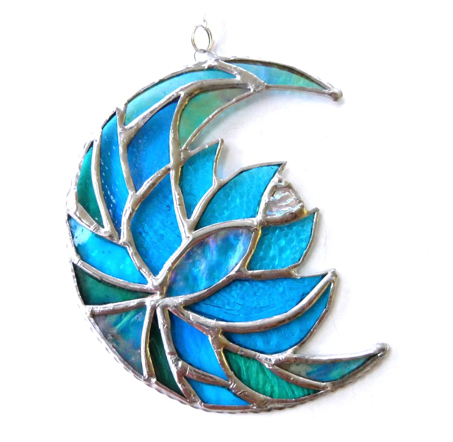 Lotus Moon Stained Glass Turquoise Flower Suncatcher 