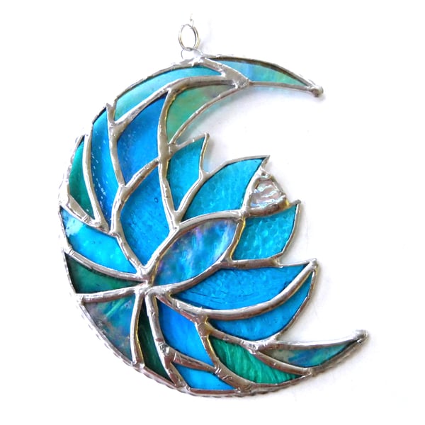Lotus Moon Stained Glass Turquoise Flower Suncatcher 