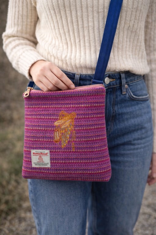 A Harris Tweed Crossbody or Shoulder bag with N American Feathers embroidery