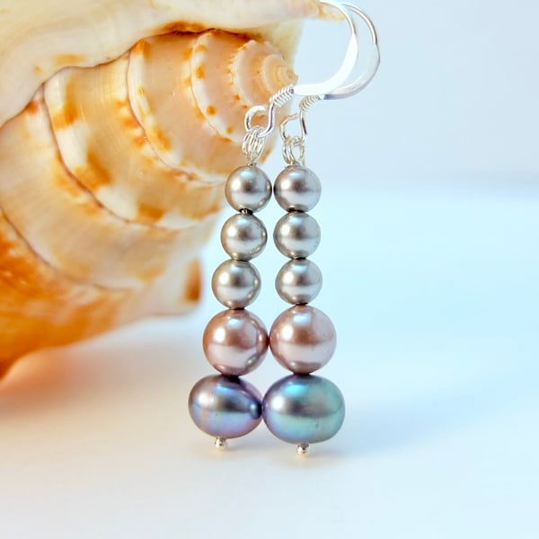 Freshwater Pearl, Lavender And Silver-Grey Shell Pearl, Sterling Silver Earrings