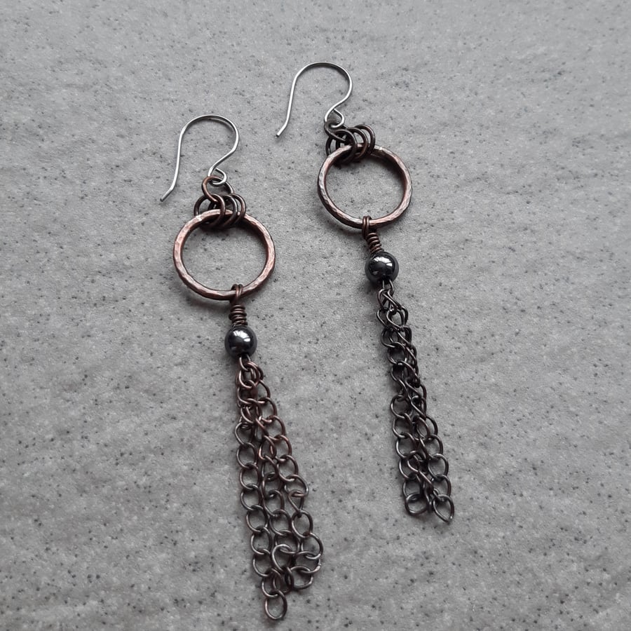 Copper Hoops Tassel Earrings With Haematite