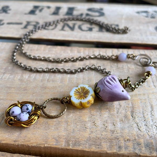 Whimsical Purple Bird & Nest Pendant with Brass Chain. Artisan Ceramic Necklace