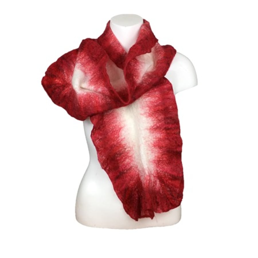 Seconds Sunday - Nuno felted scarf, merino wool on silk with red ruffle border