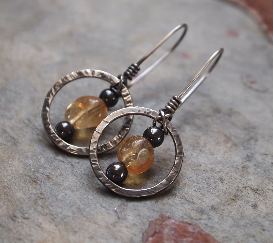 Silver & citrine hoop earrings oxidised