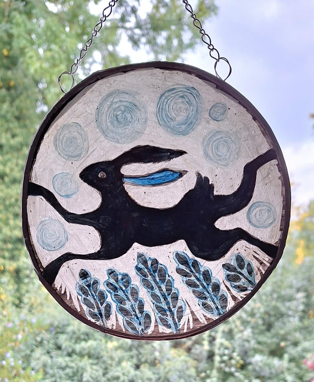 HARE and MOON WINDOW PANEL WALL HANGING. HAND PAINTED HARE. 7 x 7 inches.