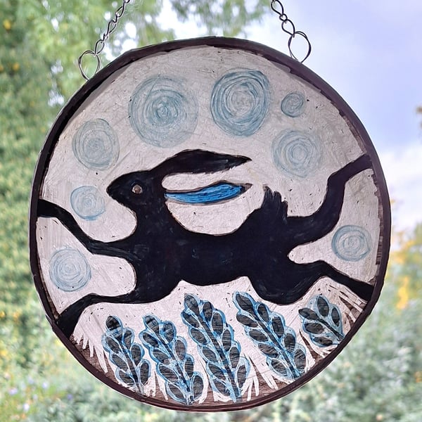HARE and MOON WINDOW PANEL WALL HANGING. HAND PAINTED HARE. 7 x 7 inches.