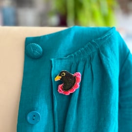 Blackbird In Pink Collar Brooch, Hand Embroidered Brooch 