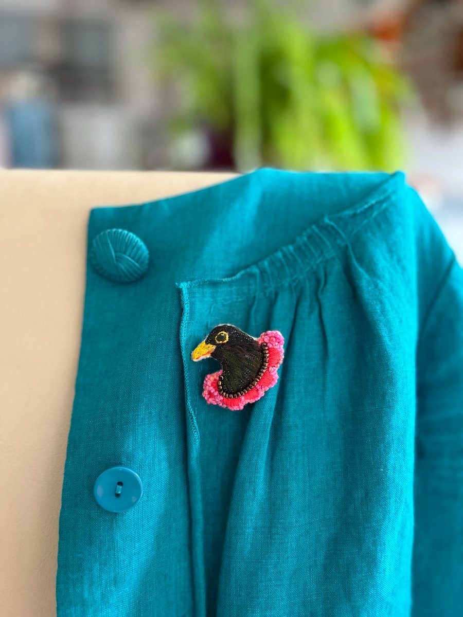 Blackbird In Pink Collar Brooch, Hand Embroidered Brooch 