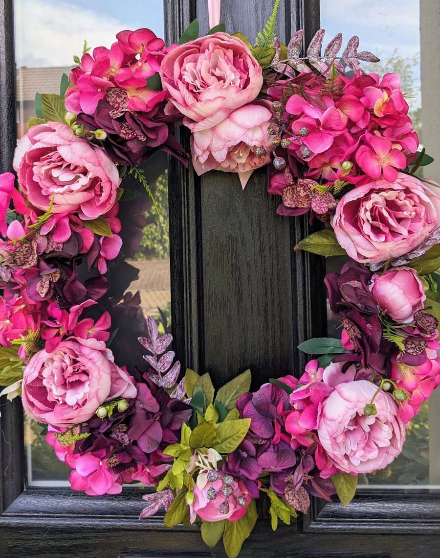 50cm Autumn Floral Door Wreath -  Fushcia Hydrangea 