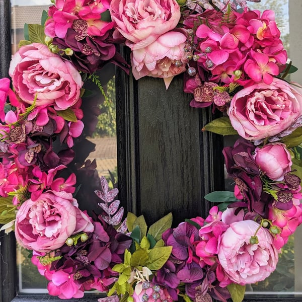 50cm Autumn Floral Door Wreath -  Fushcia Hydrangea 