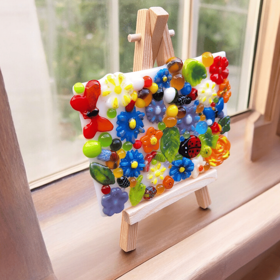 Fused Glass Meadow 3D Picture on Easel Stand - Lady Bird & Butterfly Garden 