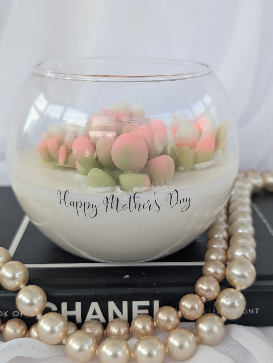 Handcrafted Mother's Day Candle, Fish Bowl Glass with Succulents, Vegan